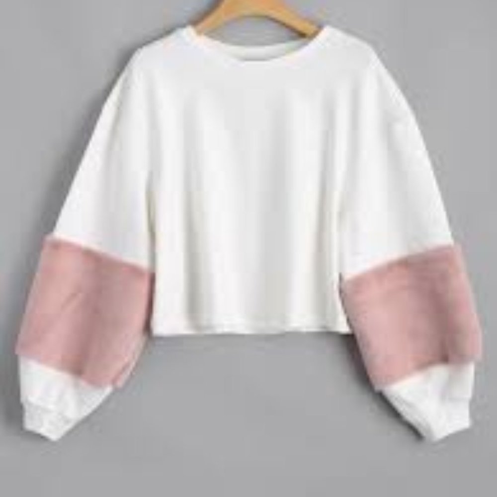 White sweatshirt with pink fluffy sleeves!